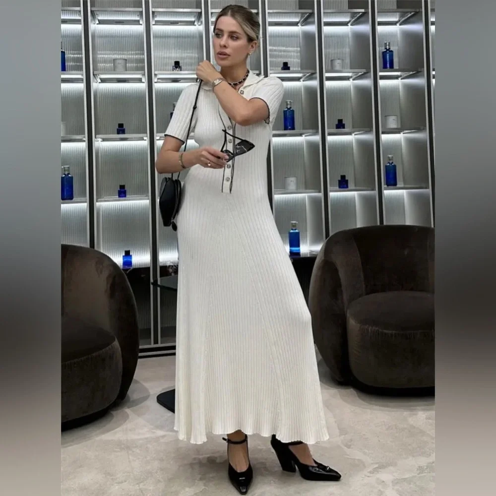 White Ribbed Maxi Dress with Buttons - Picture 5 of 16